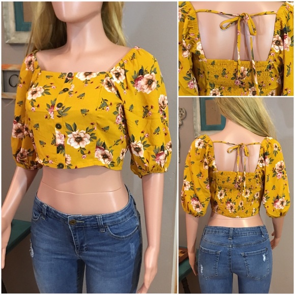 Mustard yellow floral flounce sleeve tie back crop - Picture 3 of 8